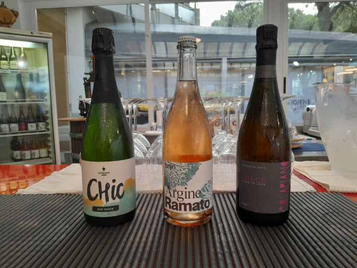 Three excellent natural wines opened last summer (2024). - From left to right: the Chic of Tenuta l'Armonia (Veneto), the Argine Ramato of Terén (Friuli Venezia-Giulia) and the Grace Slave To Love of Posapiano (Lombardy).